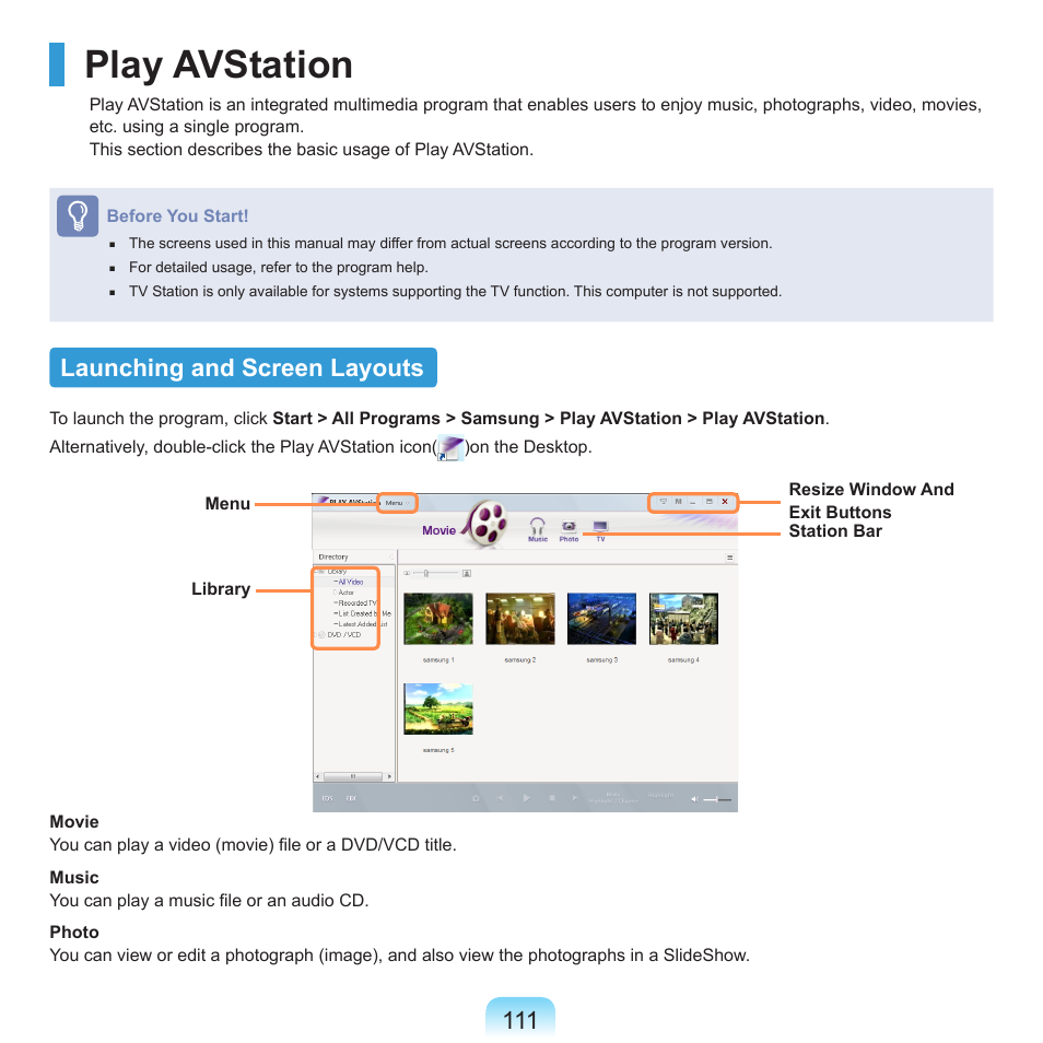 Play avstation, Launching and screen layouts | Samsung R70 User Manual | Page 112 / 196