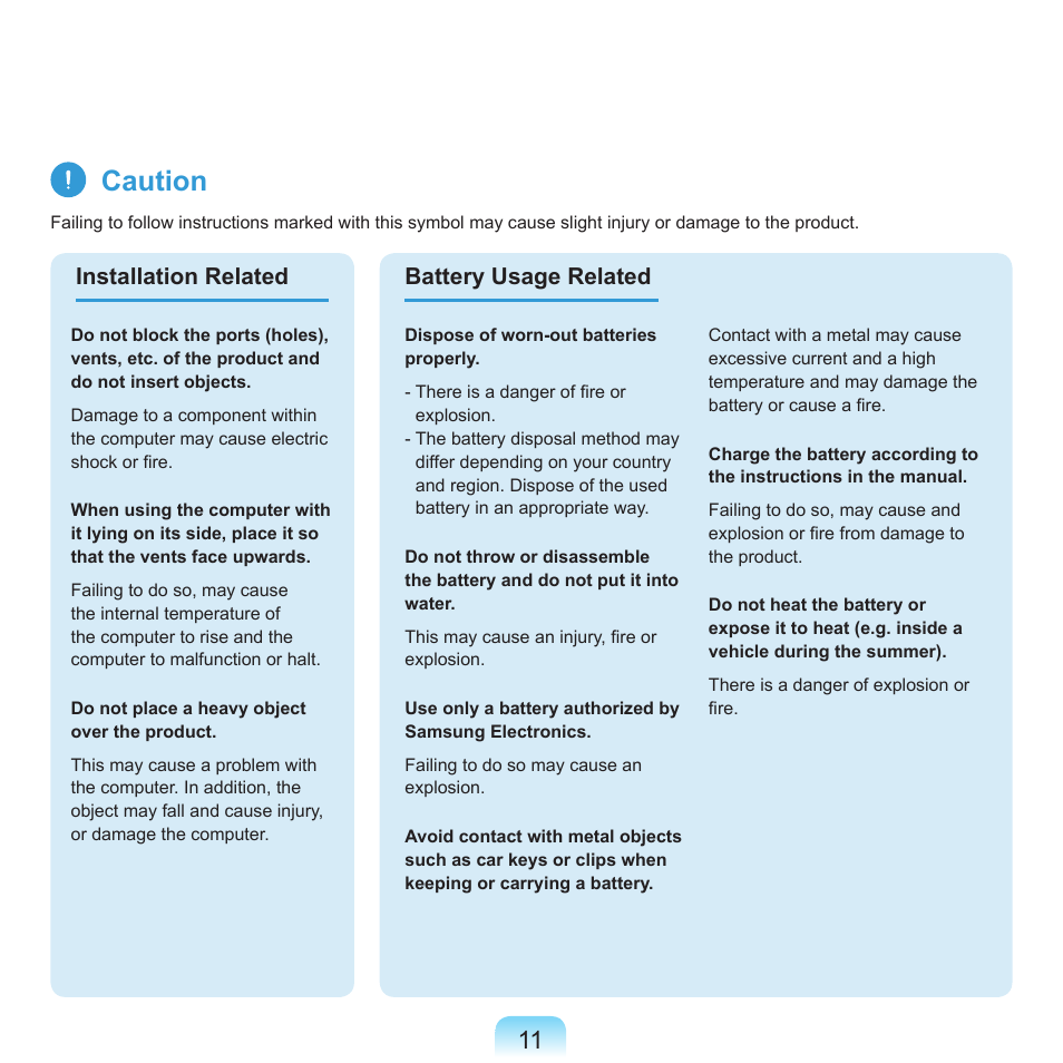 Caution, Installation related battery usage related | Samsung R70 User Manual | Page 12 / 196