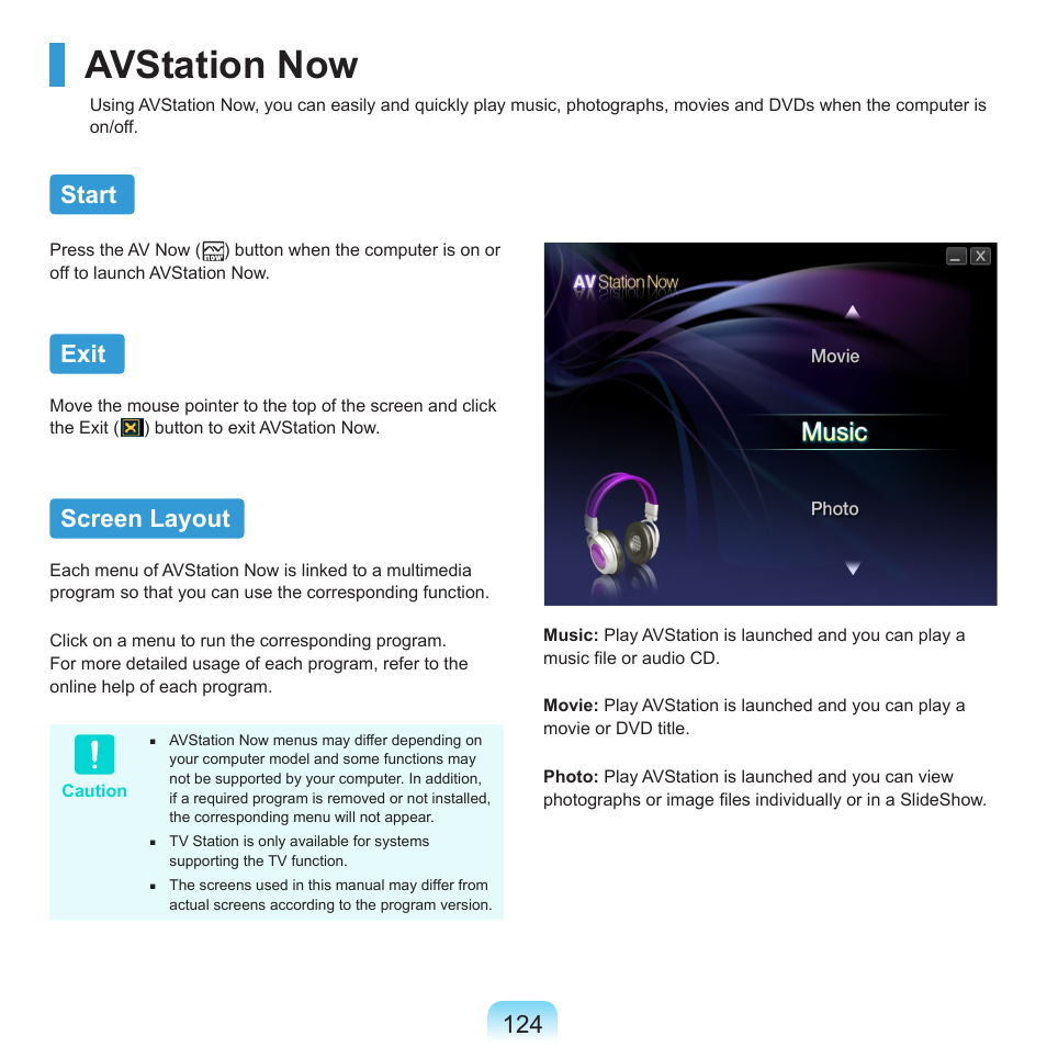 Avstation now, Start, Exit | Screen layout | Samsung R70 User Manual | Page 125 / 196