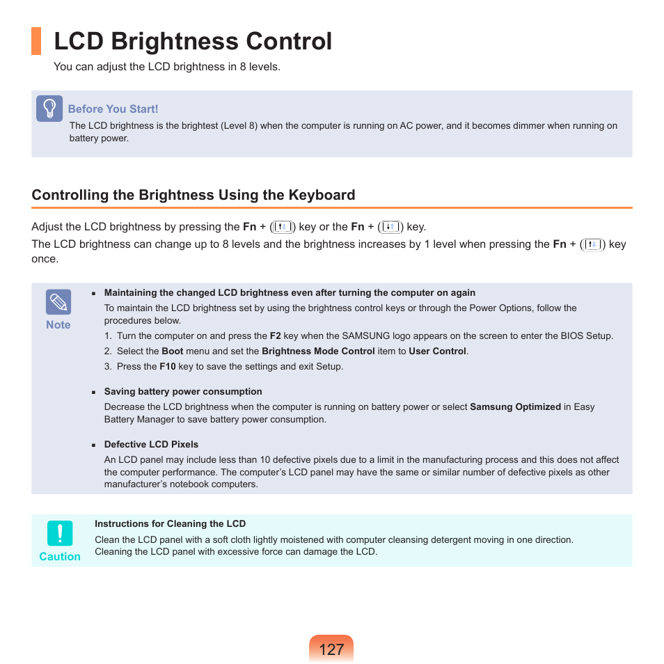 Lcd brightness control, Controlling the brightness using the keyboard | Samsung R70 User Manual | Page 128 / 196