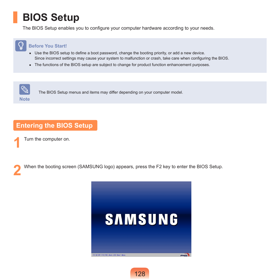 Bios setup, Entering the bios setup | Samsung R70 User Manual | Page 129 / 196