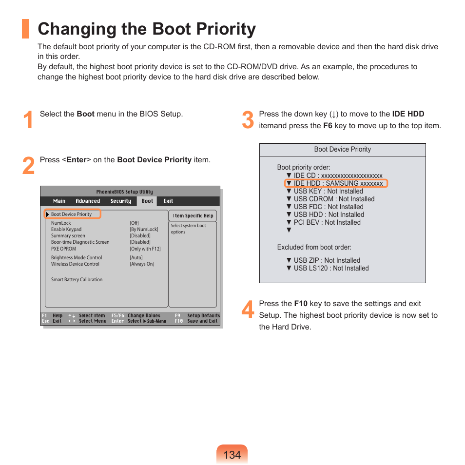 Changing the boot priority | Samsung R70 User Manual | Page 135 / 196