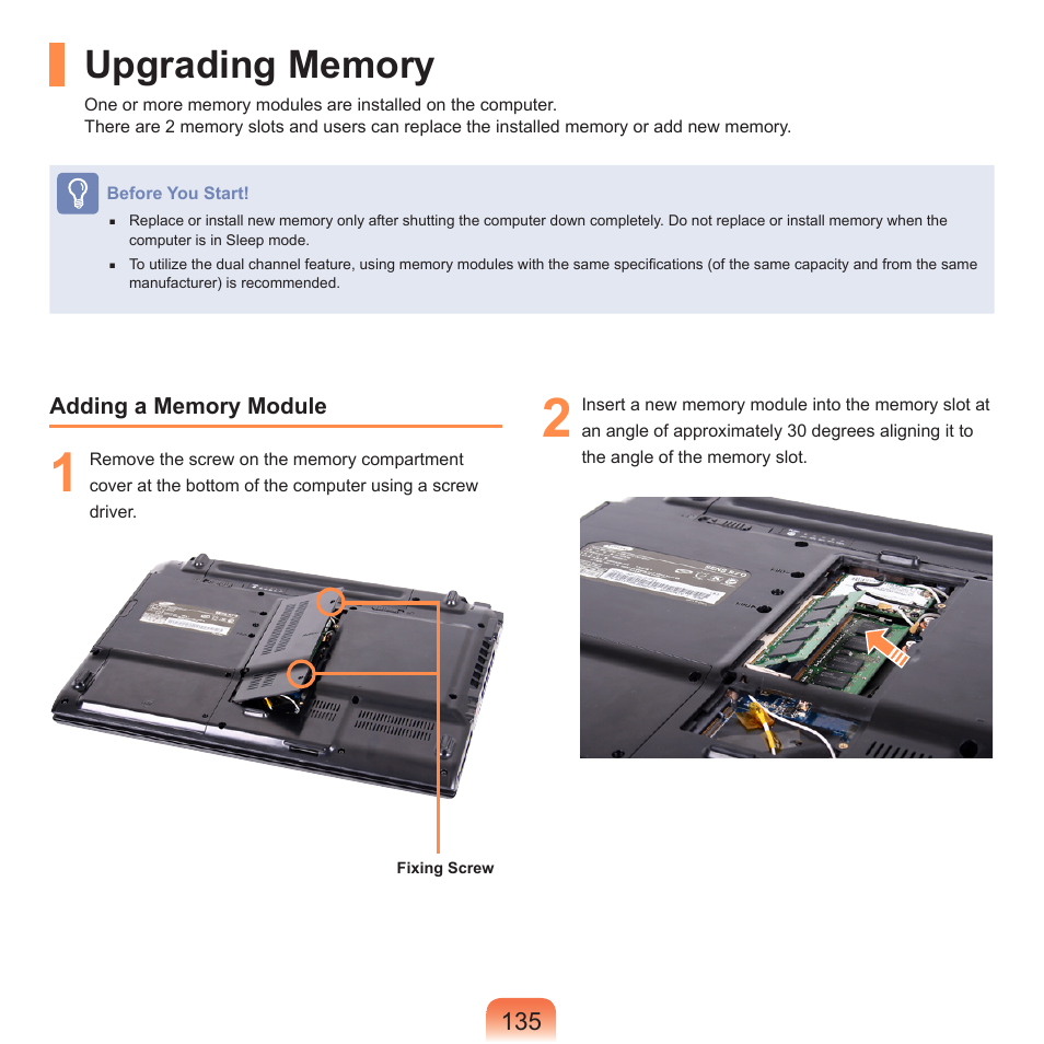 Upgrading memory | Samsung R70 User Manual | Page 136 / 196