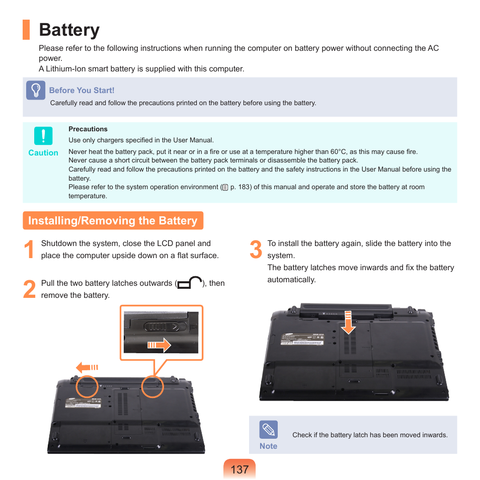Battery, Installing/removing the battery | Samsung R70 User Manual | Page 138 / 196