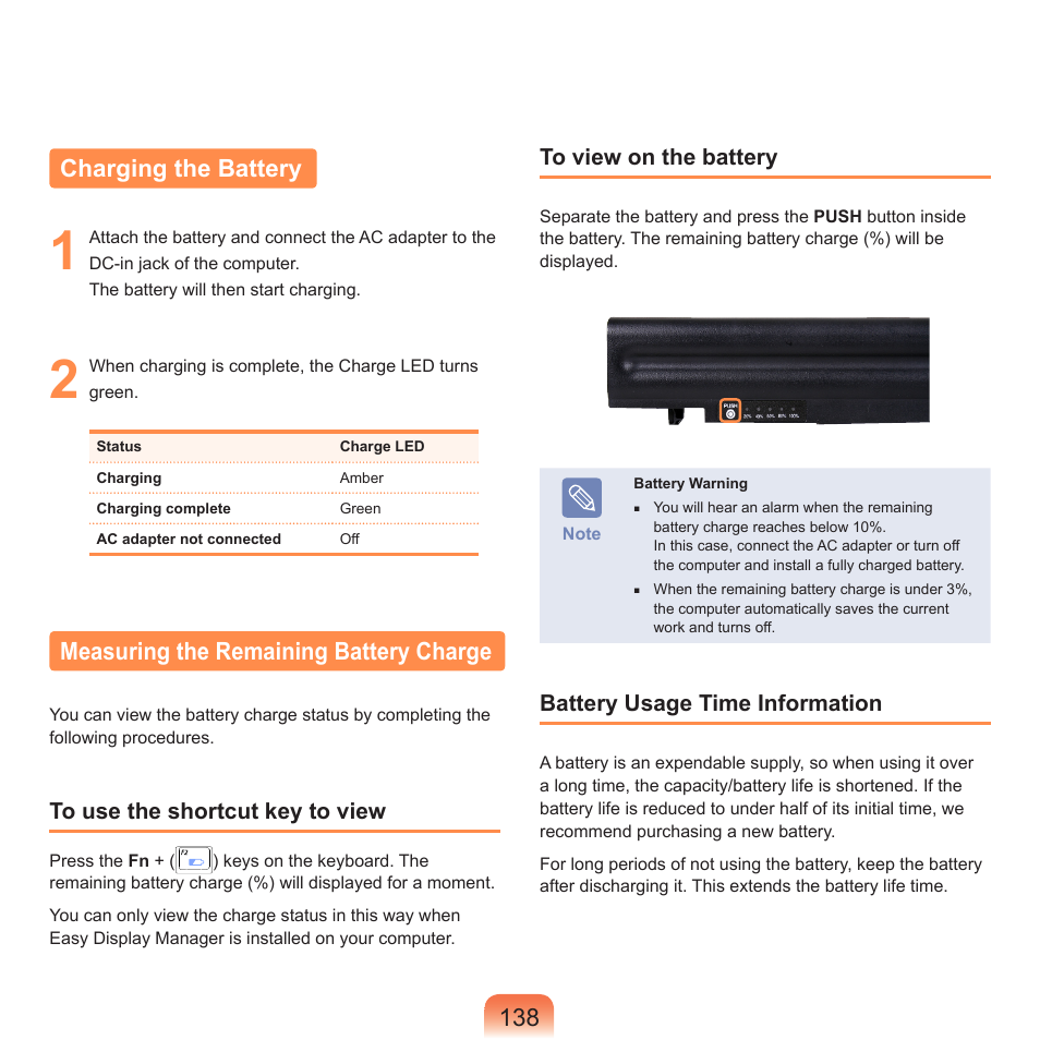 Charging the battery, Measuring the remaining battery charge | Samsung R70 User Manual | Page 139 / 196