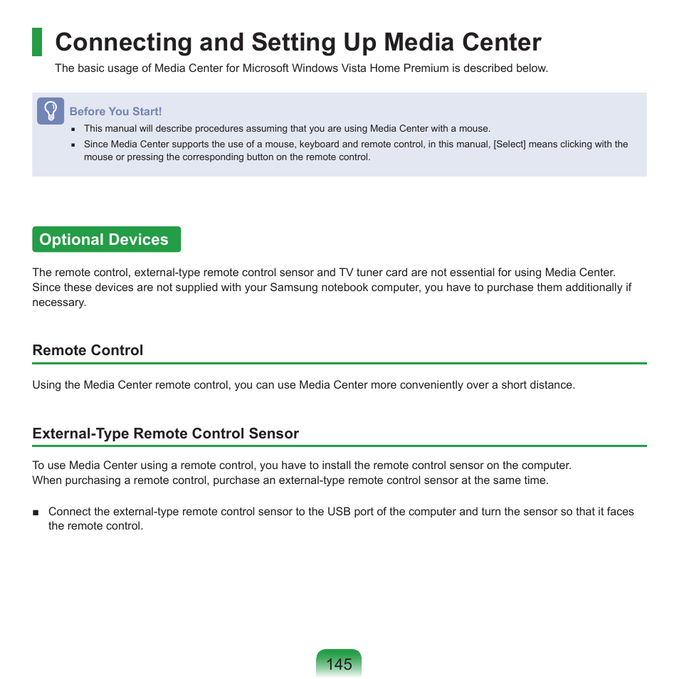 Connecting and setting up media center, Optional devices | Samsung R70 User Manual | Page 146 / 196