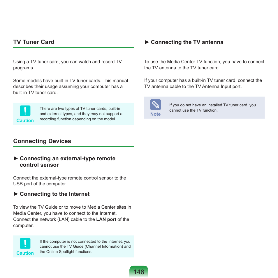 Tv tuner card, Connecting devices | Samsung R70 User Manual | Page 147 / 196