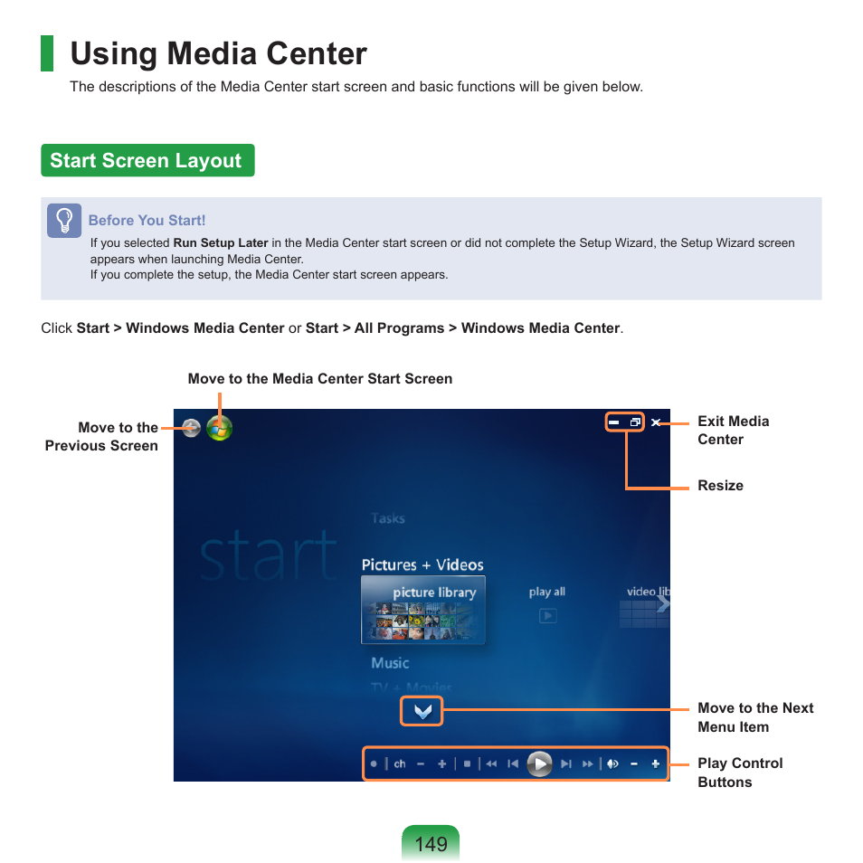 Using media center, Start screen layout, 149 start screen layout | Samsung R70 User Manual | Page 150 / 196