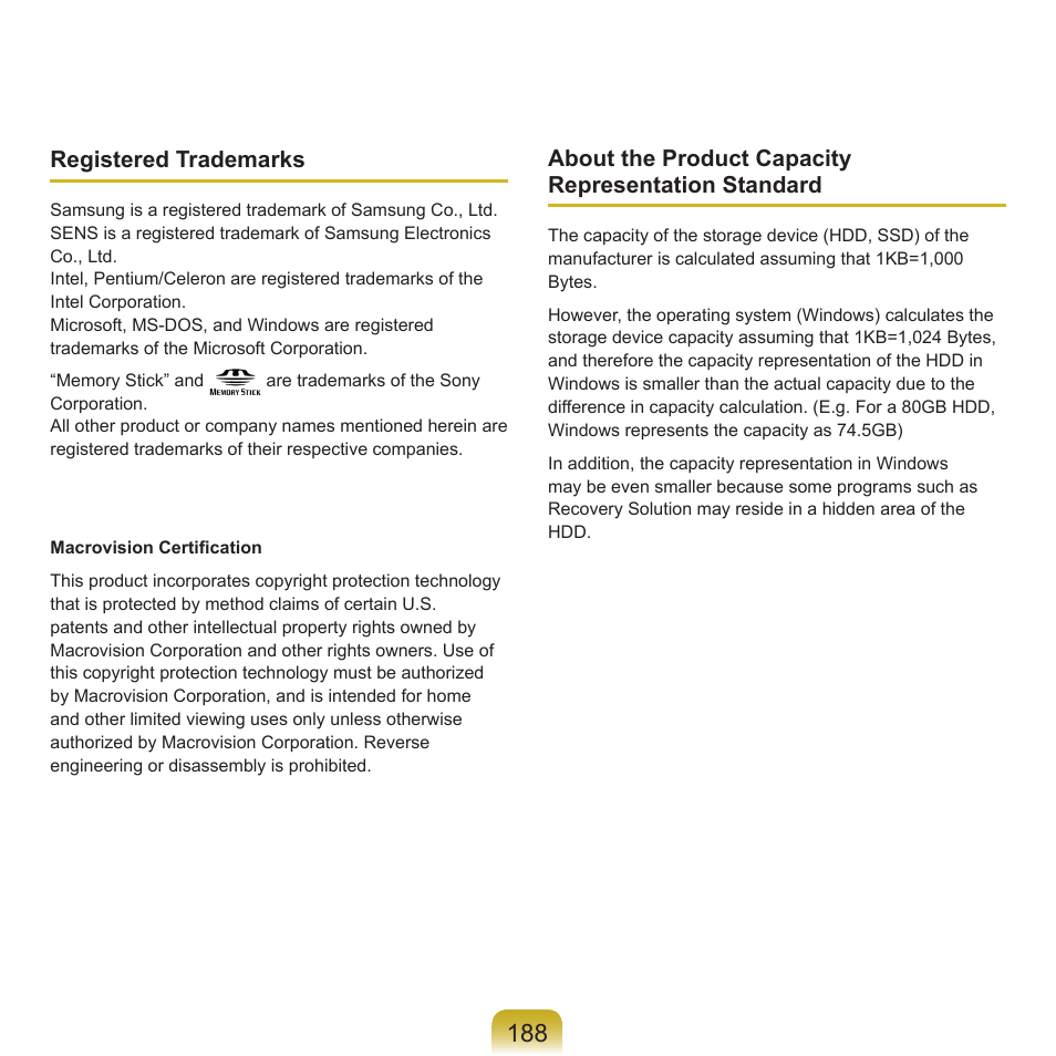 Registered trademarks, About the product capacity representation standard | Samsung R70 User Manual | Page 189 / 196