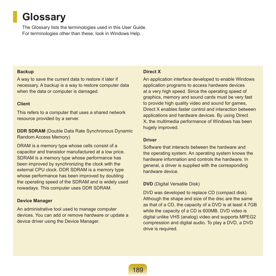 Glossary | Samsung R70 User Manual | Page 190 / 196