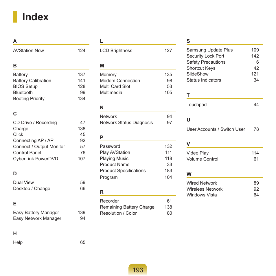 Index | Samsung R70 User Manual | Page 194 / 196