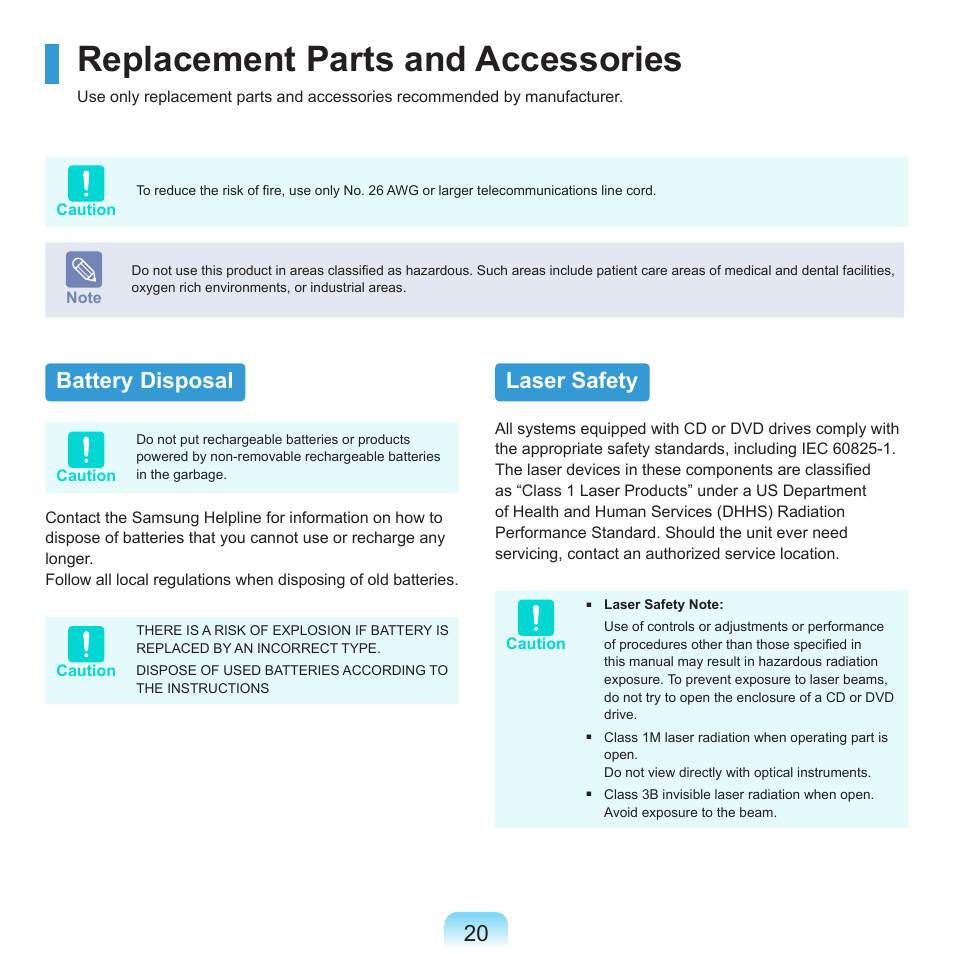 Replacement parts and accessories, Battery disposal, Laser safety | Samsung R70 User Manual | Page 21 / 196
