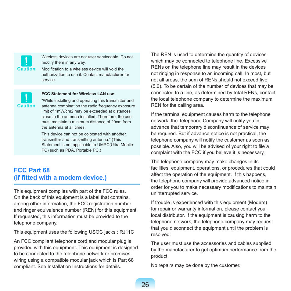 Fcc part 68 (if fitted with a modem device.) | Samsung R70 User Manual | Page 27 / 196