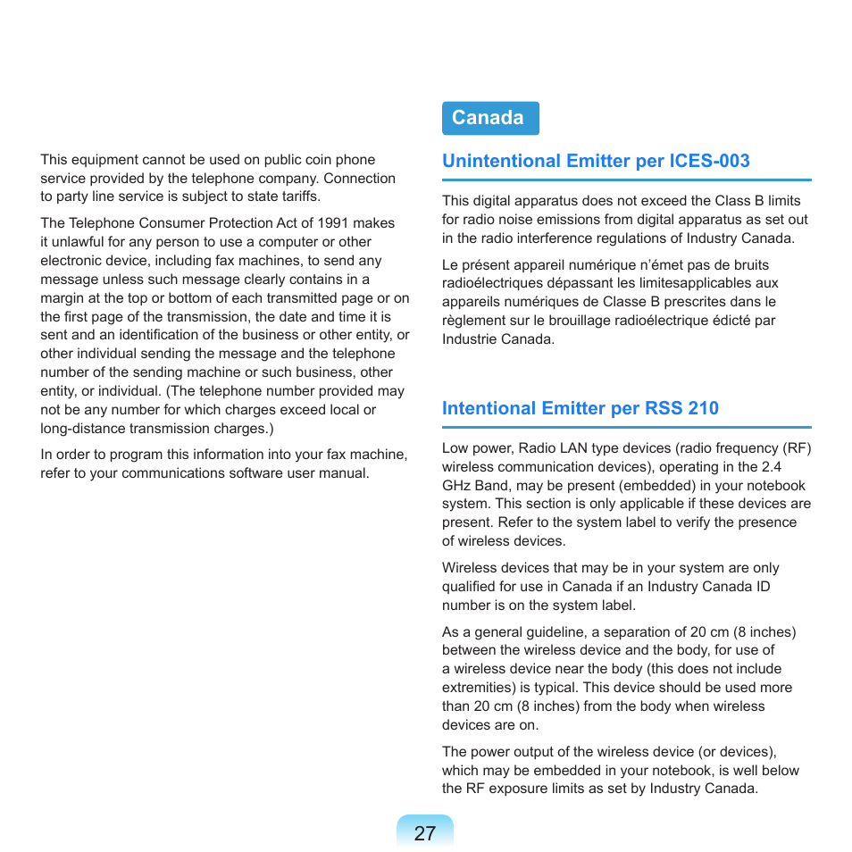 Canada, Unintentional emitter per ices-003, Intentional emitter per rss 210 | Samsung R70 User Manual | Page 28 / 196