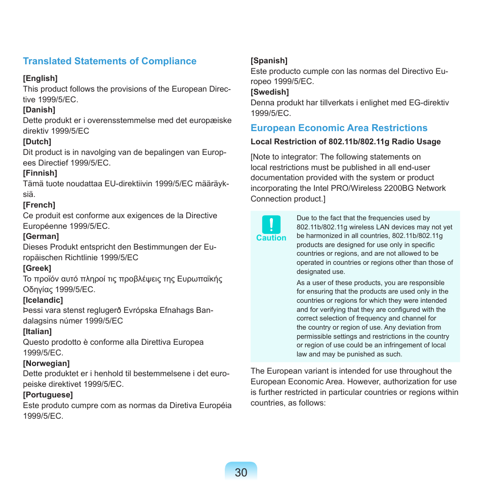 Translated statements of compliance, European economic area restrictions | Samsung R70 User Manual | Page 31 / 196