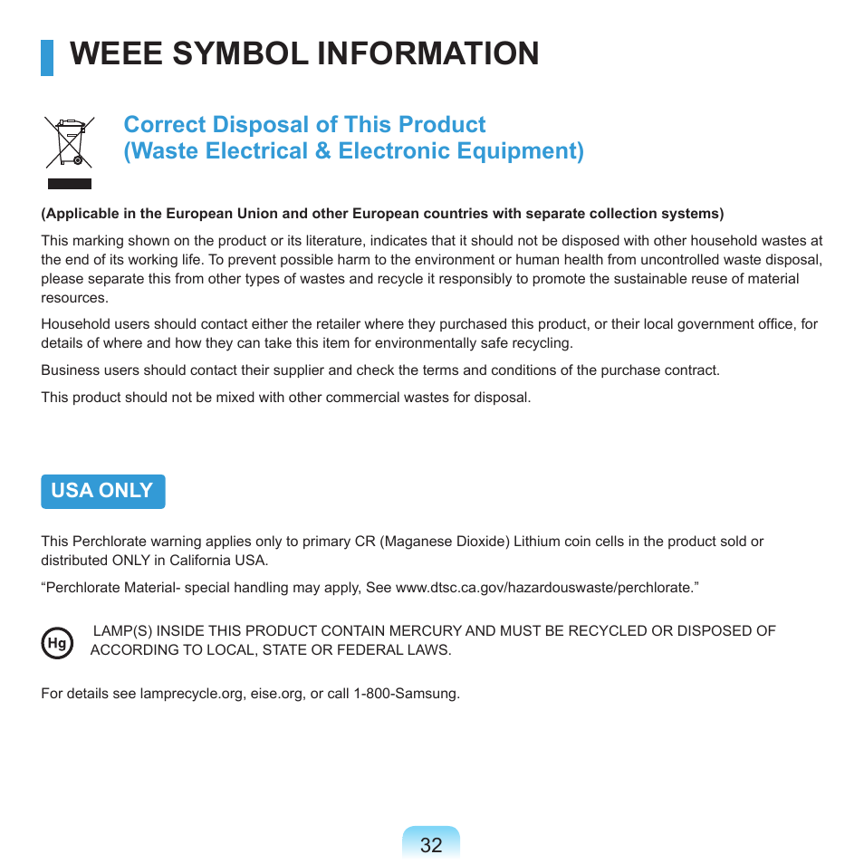 Weee symbol information | Samsung R70 User Manual | Page 33 / 196