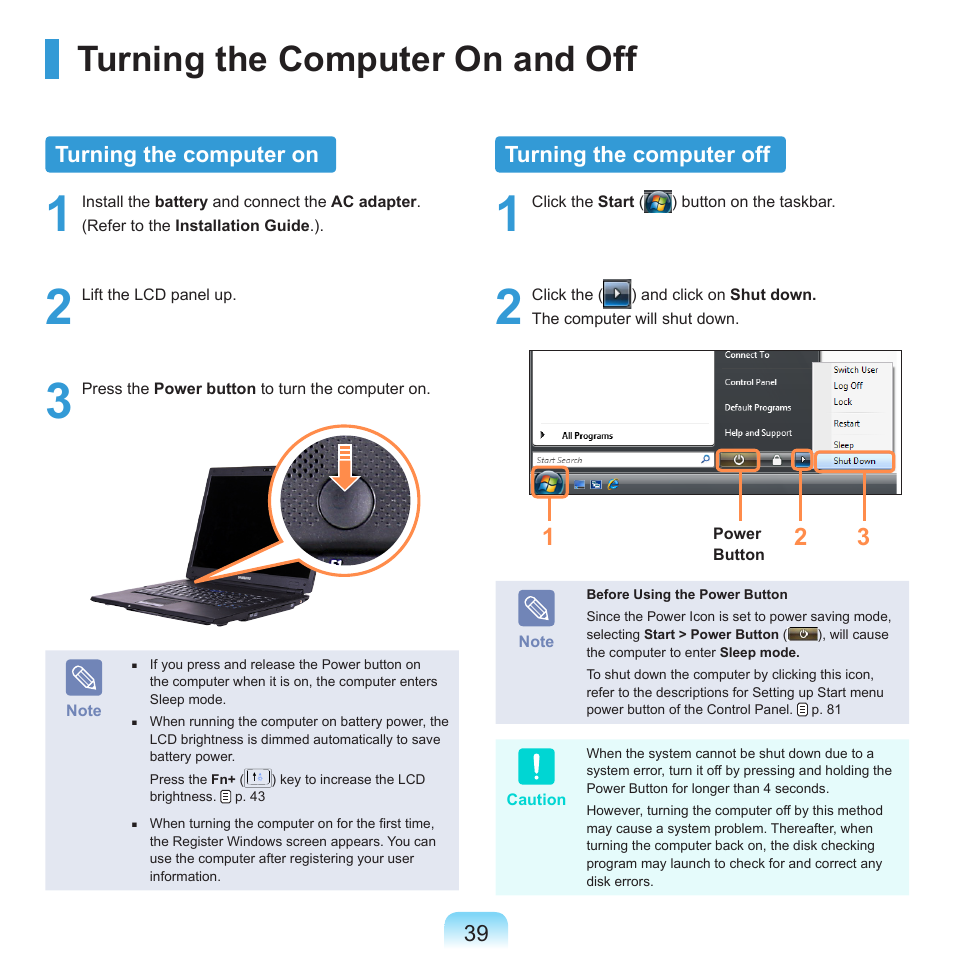 Turning the computer on and off, Turning the computer on, Turning the computer off | Samsung R70 User Manual | Page 40 / 196