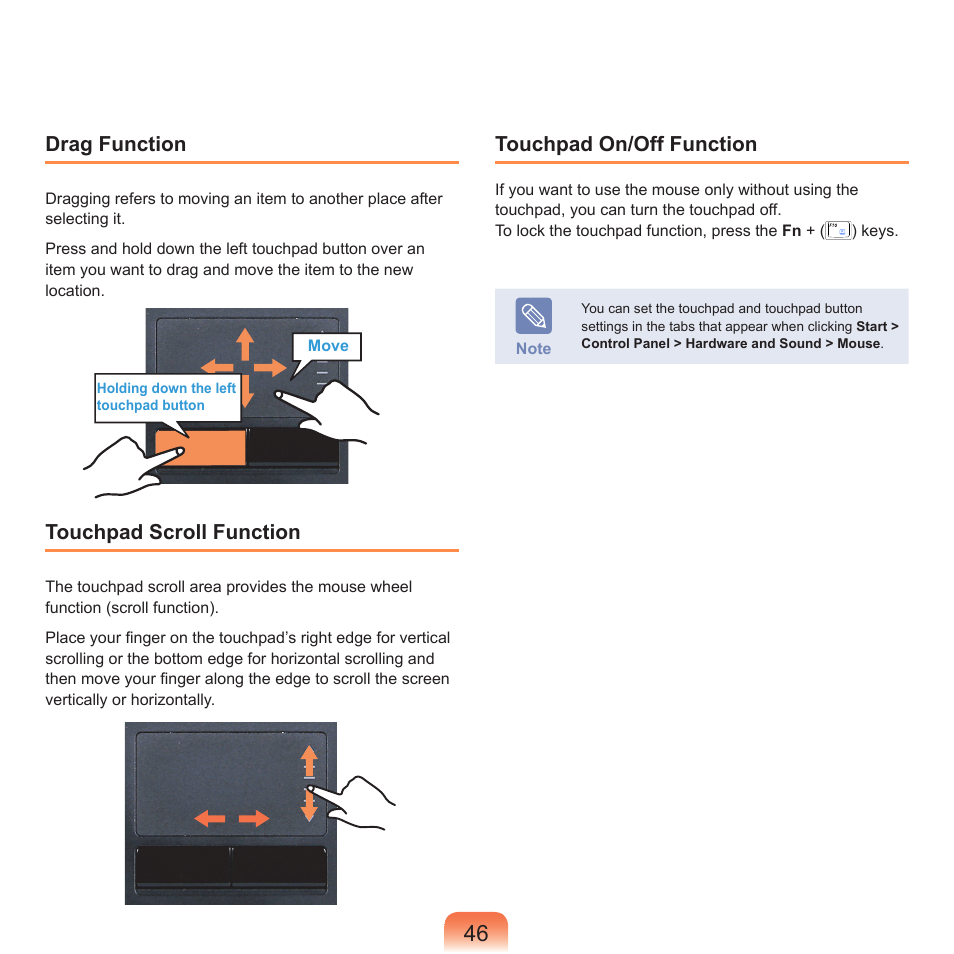 Drag function, Touchpad scroll function, Touchpad on/off function | Samsung R70 User Manual | Page 47 / 196