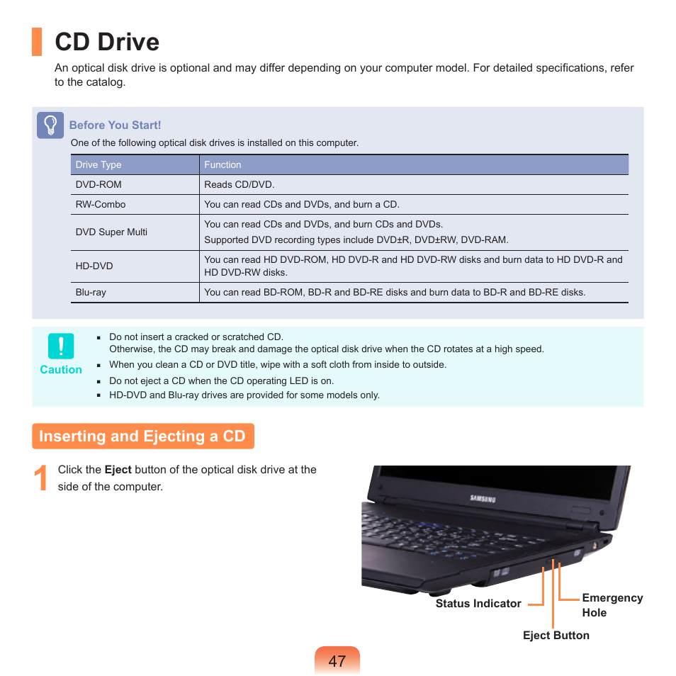Cd drive, Inserting and ejecting a cd | Samsung R70 User Manual | Page 48 / 196