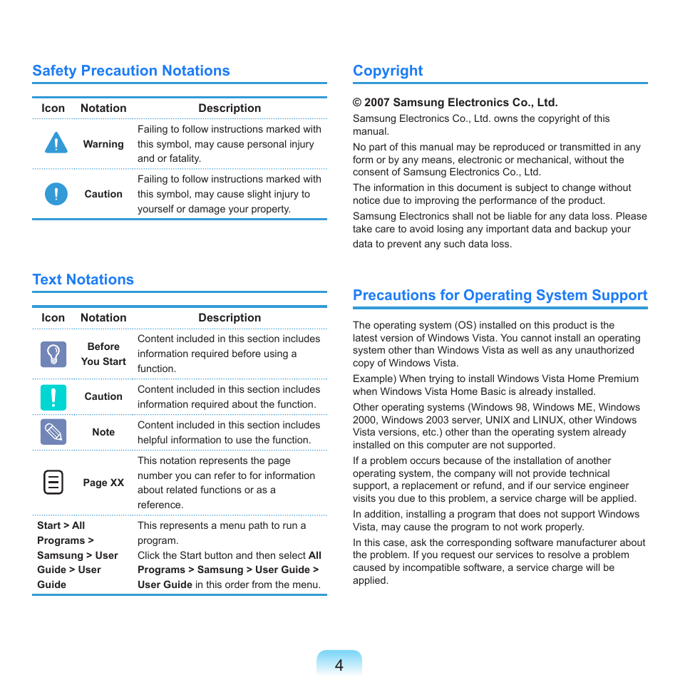 Safety precaution notations, Text notations, Copyright | Precautions for operating system support | Samsung R70 User Manual | Page 5 / 196