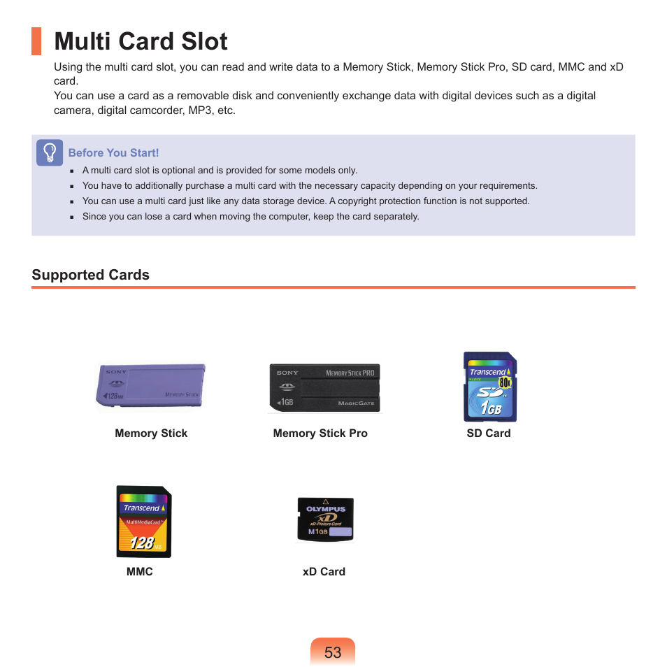 Multi card slot, Supported cards | Samsung R70 User Manual | Page 54 / 196