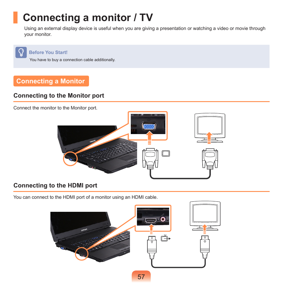 Connecting a monitor / tv, Connecting a monitor | Samsung R70 User Manual | Page 58 / 196