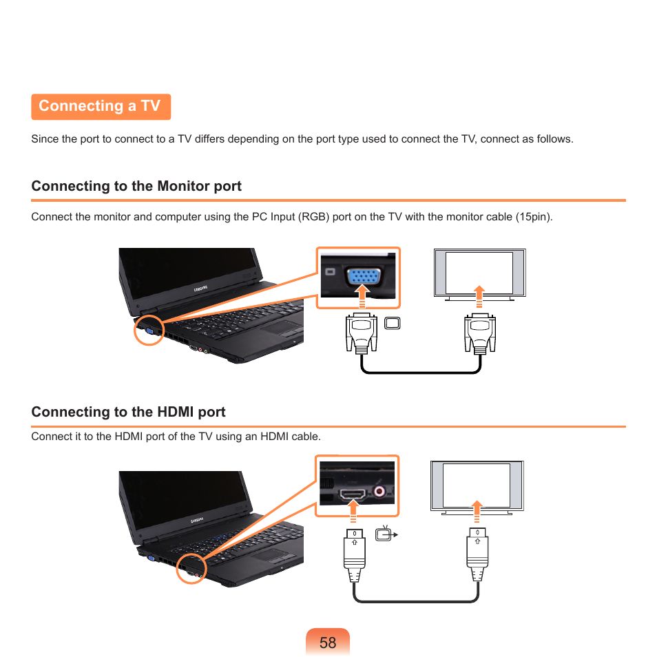 Connecting a tv | Samsung R70 User Manual | Page 59 / 196