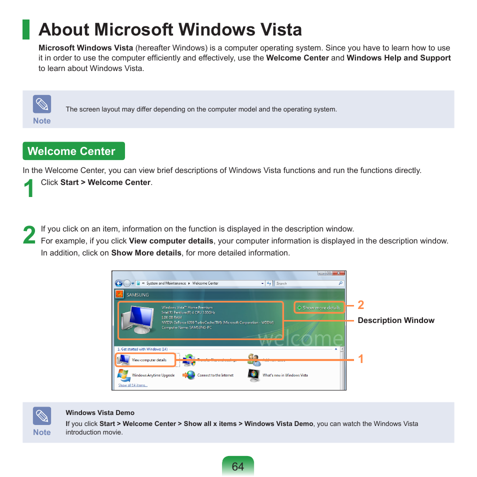 About microsoft windows vista, Welcome center | Samsung R70 User Manual | Page 65 / 196
