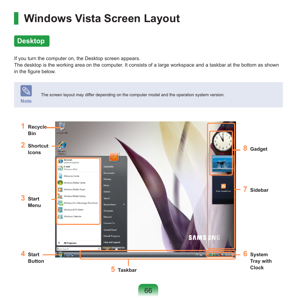 Windows vista screen layout, Desktop | Samsung R70 User Manual | Page 67 / 196