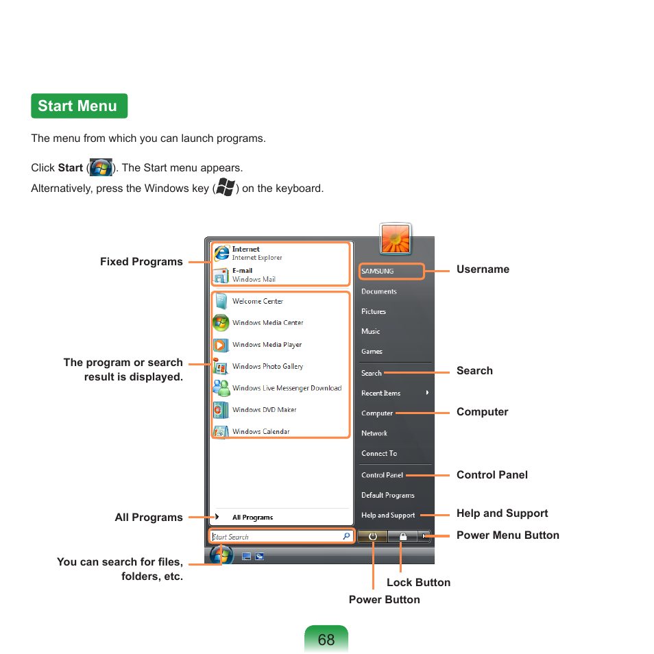 Start menu, 68 start menu | Samsung R70 User Manual | Page 69 / 196