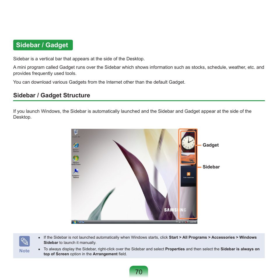 Sidebar / gadget, 70 sidebar / gadget, Sidebar / gadget structure | Samsung R70 User Manual | Page 71 / 196