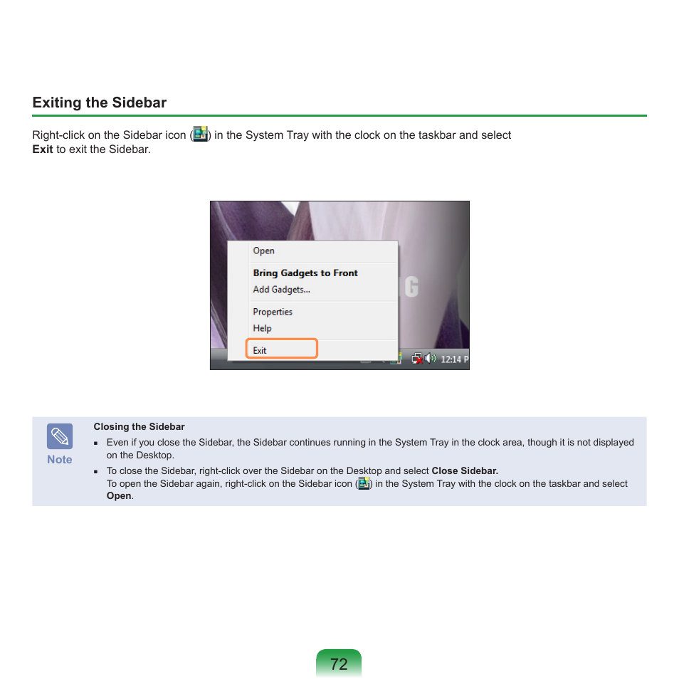 Exiting the sidebar | Samsung R70 User Manual | Page 73 / 196