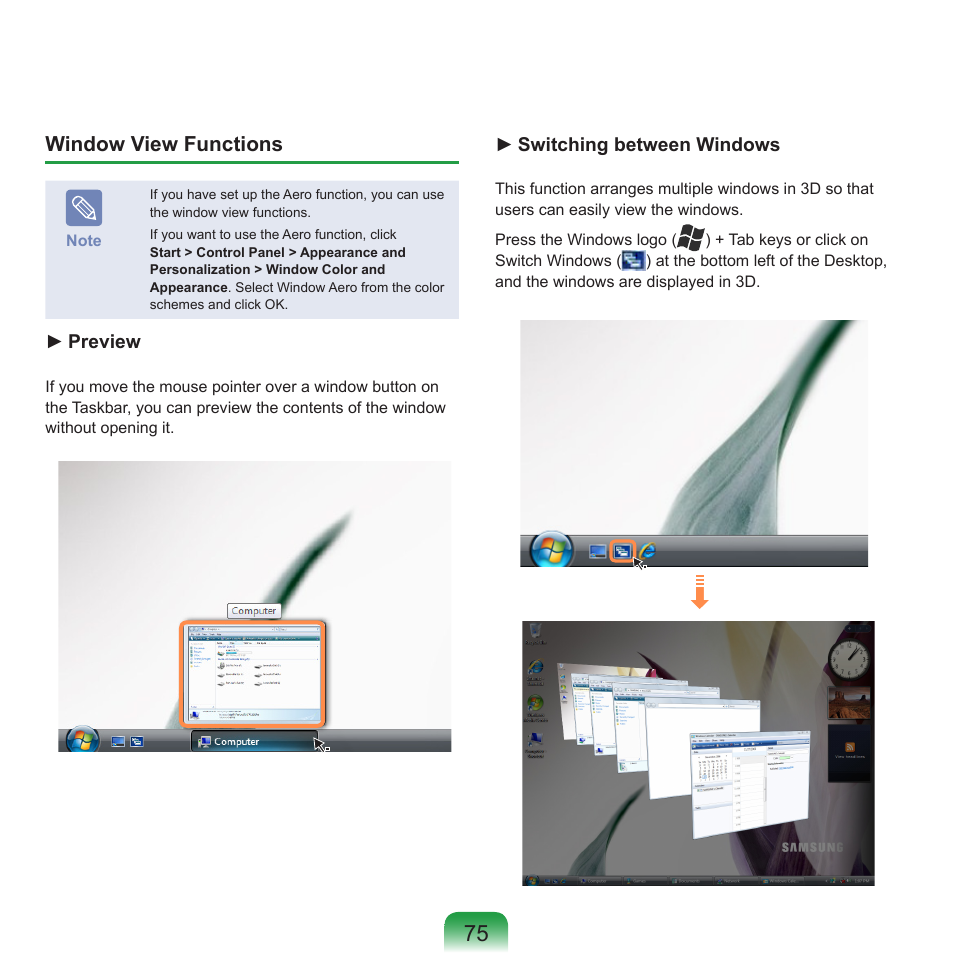 Window view functions | Samsung R70 User Manual | Page 76 / 196