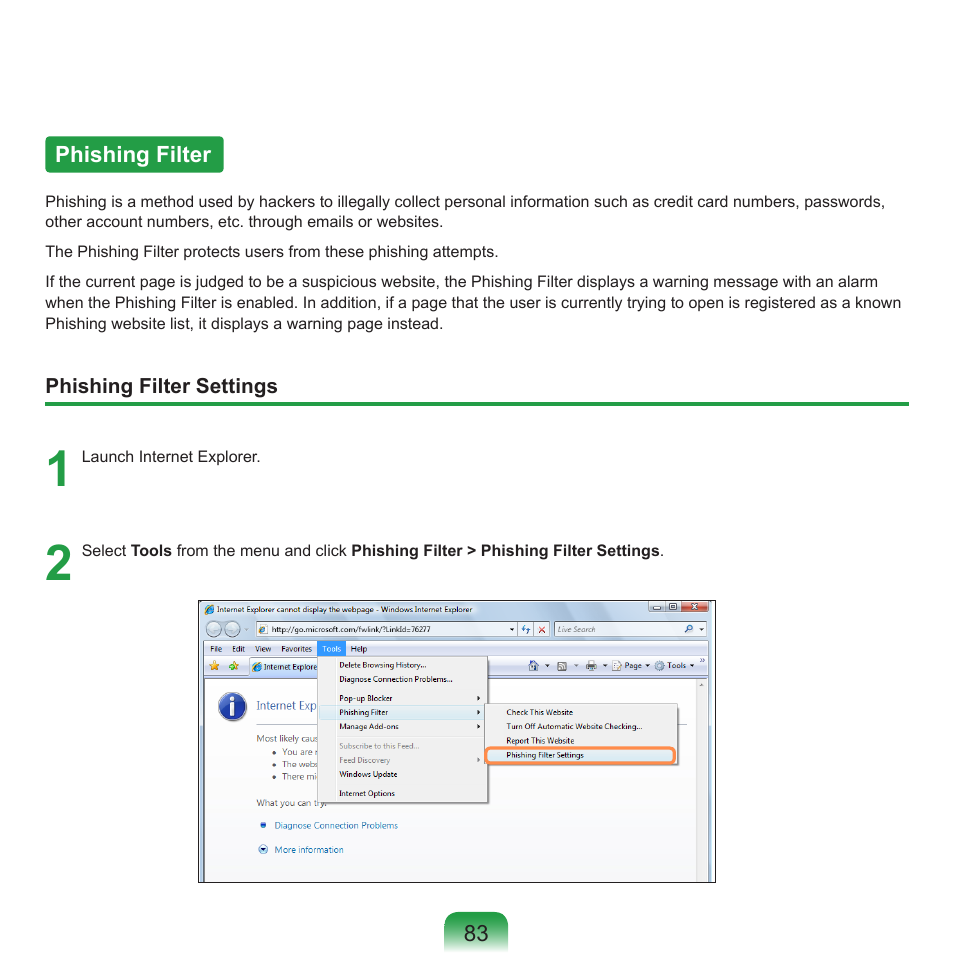 Phishing filter | Samsung R70 User Manual | Page 84 / 196