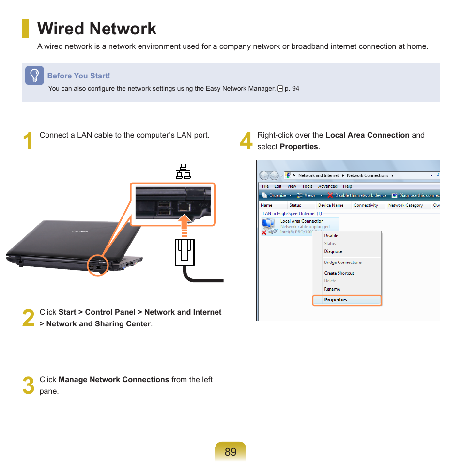 Wired network | Samsung R70 User Manual | Page 90 / 196