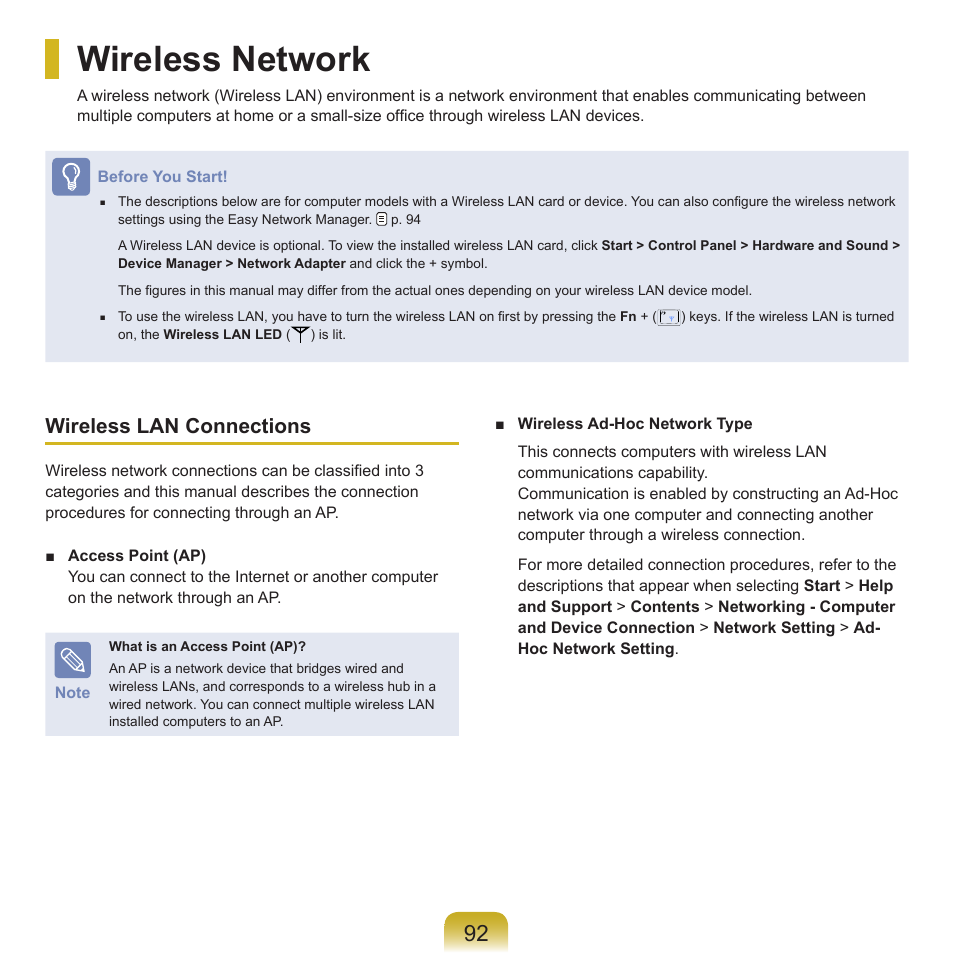 Wireless network, Wireless lan connections | Samsung R70 User Manual | Page 93 / 196