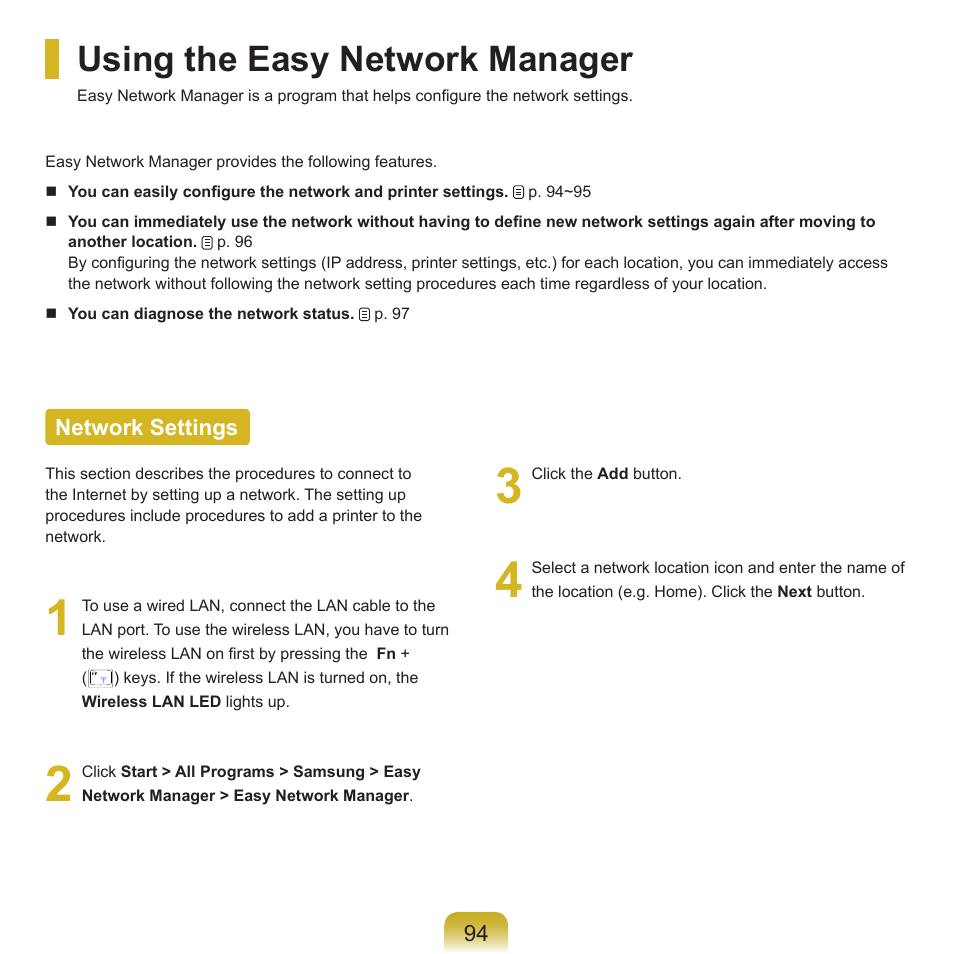 Using the easy network manager, Network settings | Samsung R70 User Manual | Page 95 / 196