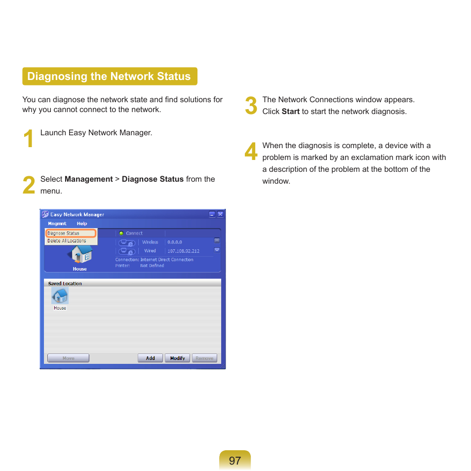 Diagnosing the network status | Samsung R70 User Manual | Page 98 / 196
