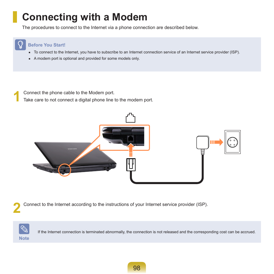 Connecting with a modem | Samsung R70 User Manual | Page 99 / 196
