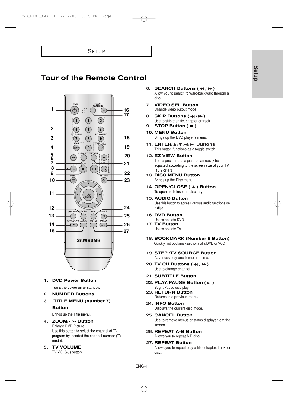 Tour of the remote control, Setup s | Samsung DVD-P181 User Manual | Page 11 / 55