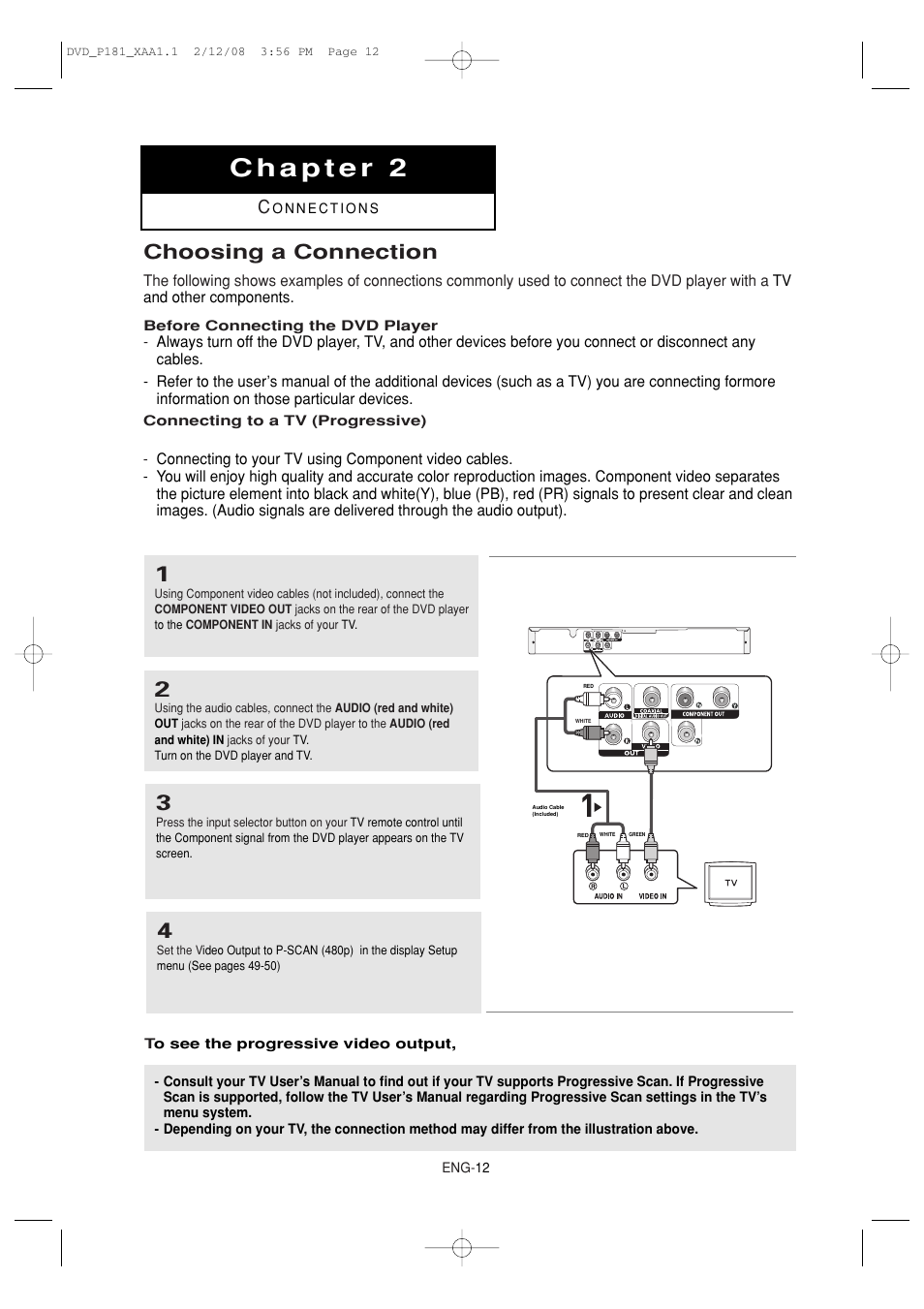 Connecting to a tv (progressive), Choosing a connection | Samsung DVD-P181 User Manual | Page 12 / 55