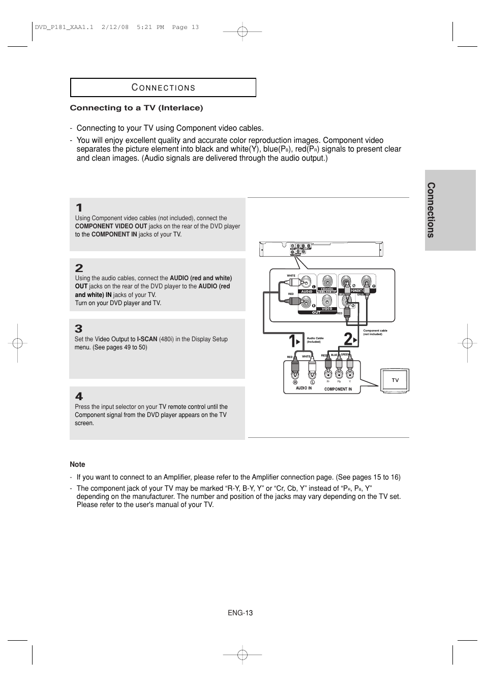 Connecting to a tv (interlace), Connections c, Red(p | Samsung DVD-P181 User Manual | Page 13 / 55