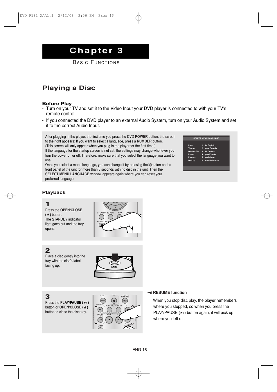 Playing a disc | Samsung DVD-P181 User Manual | Page 16 / 55