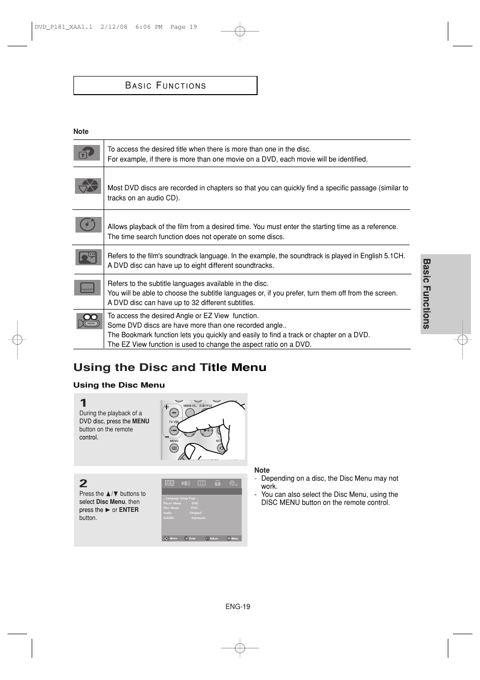 Using the disc and title menu, Using the disc and t itle menu, Basic functions b | Samsung DVD-P181 User Manual | Page 19 / 55