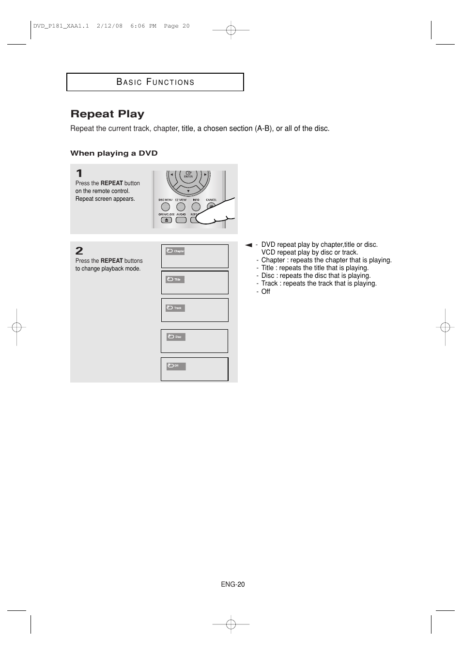 Repeat play | Samsung DVD-P181 User Manual | Page 20 / 55