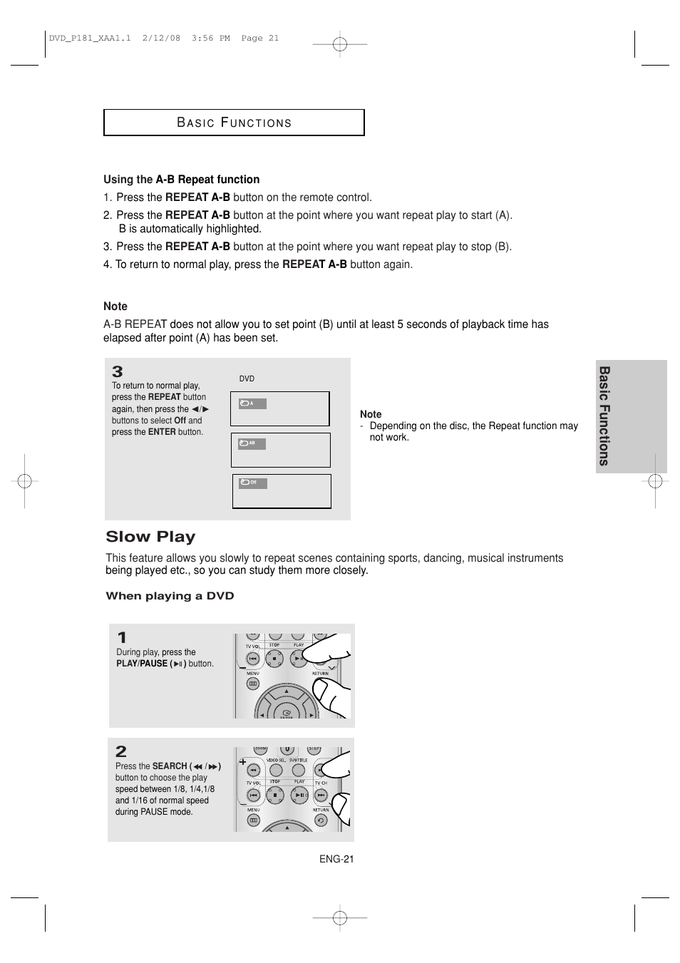 Slow play, Basic functions b | Samsung DVD-P181 User Manual | Page 21 / 55