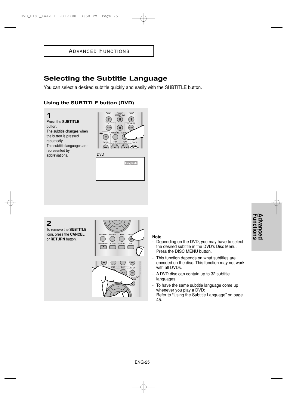 Selecting the subtitle language, Advanced functions a | Samsung DVD-P181 User Manual | Page 25 / 55