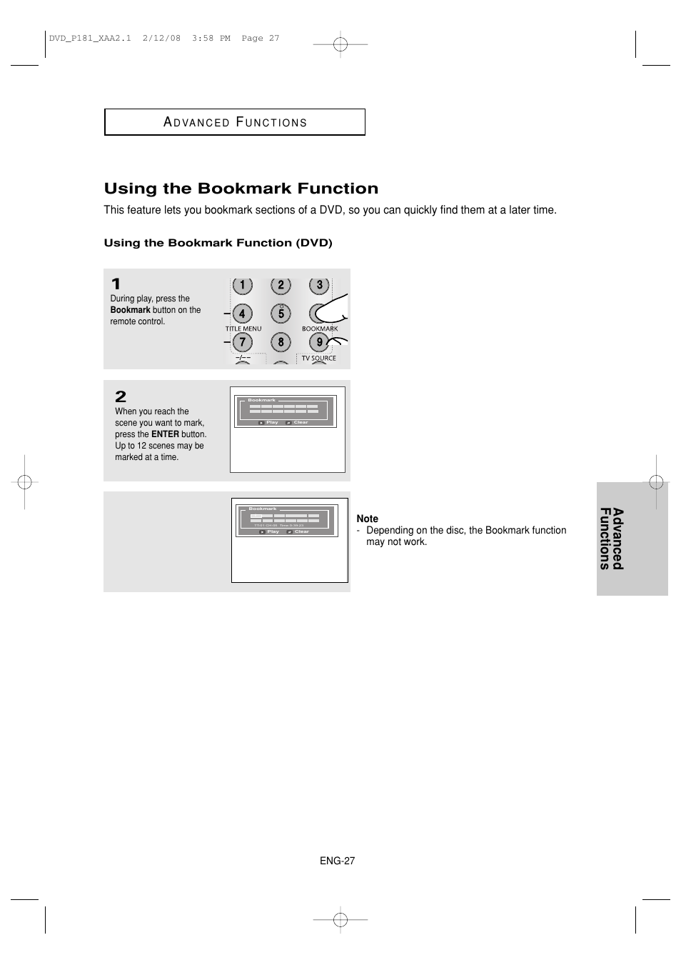 Using the bookmark function, Advanced functions a | Samsung DVD-P181 User Manual | Page 27 / 55