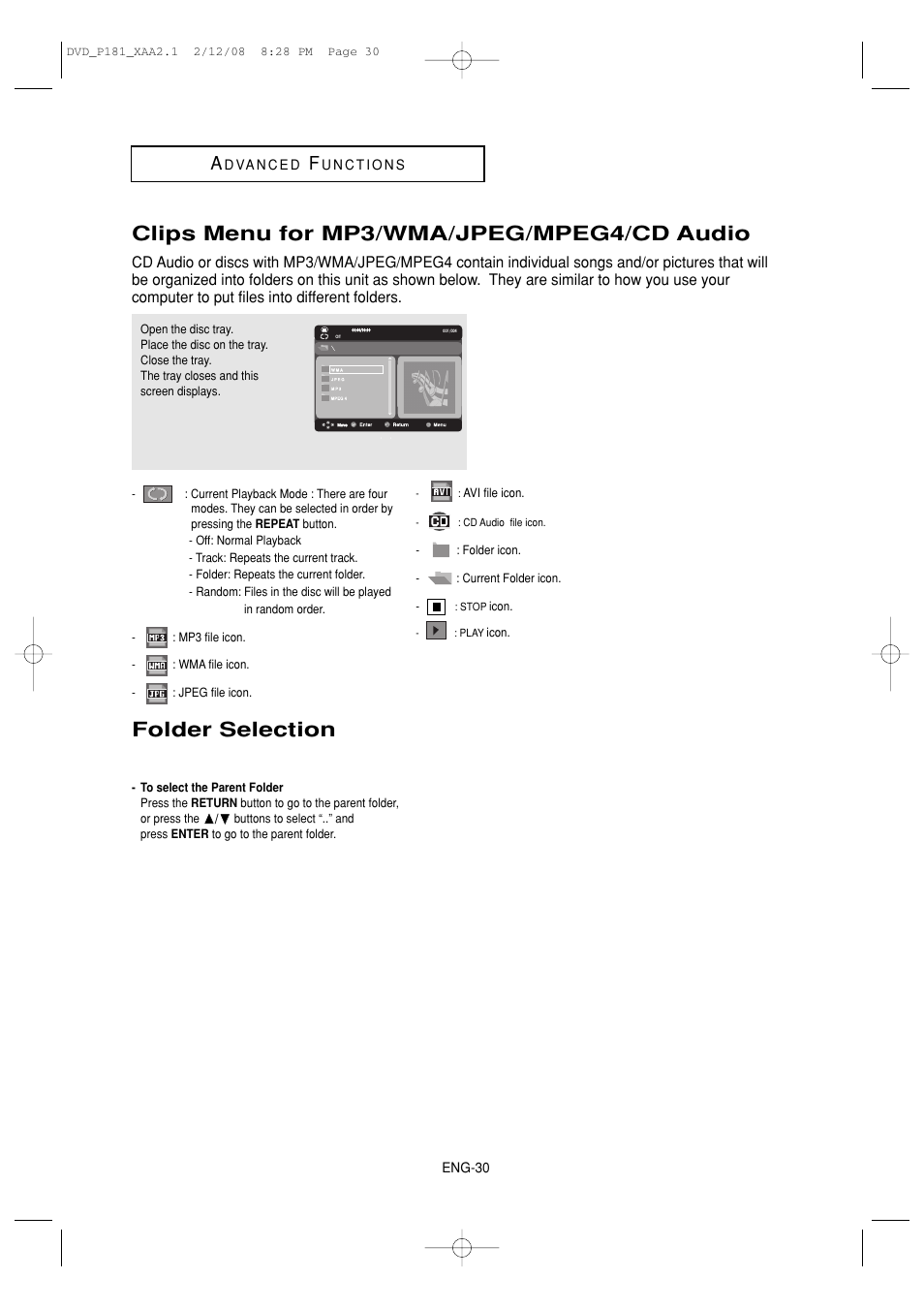 Clips menu for mp3/wma/jpeg/mpeg4/cd audio, Folder selection | Samsung DVD-P181 User Manual | Page 30 / 55