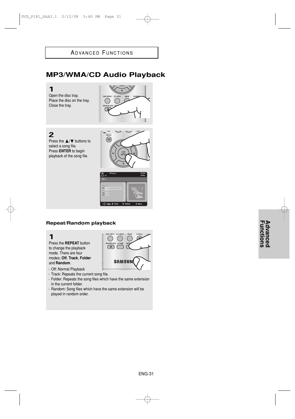 Mp3/wma/cd audio playback, Advanced functions a | Samsung DVD-P181 User Manual | Page 31 / 55